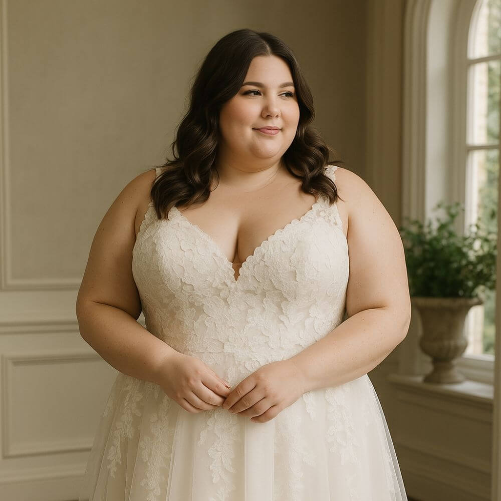 Plus size brud i elegant brudekjole fra One & Only – A-line snit med blonder, smuk og selvsikker i lyse skandinaviske omgivelser.