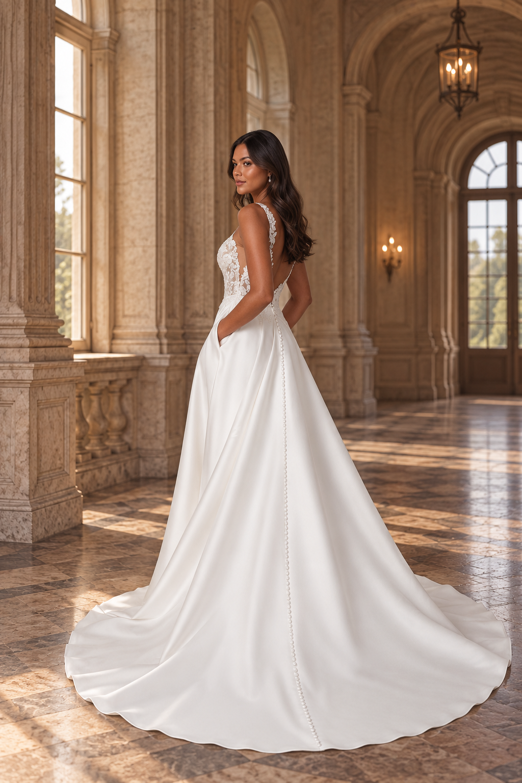 Modern A-line wedding dress in stretch Mikado with illusion Sabrina neckline and open back