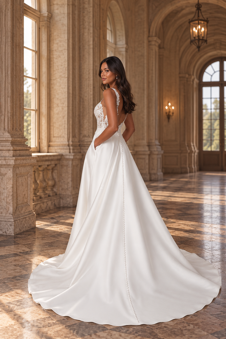 Modern A-line wedding dress in stretch Mikado with illusion Sabrina neckline and open back