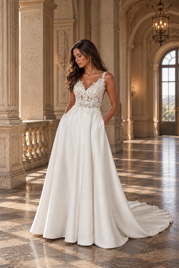 Modern A-line wedding dress in stretch Mikado with illusion Sabrina neckline and open back