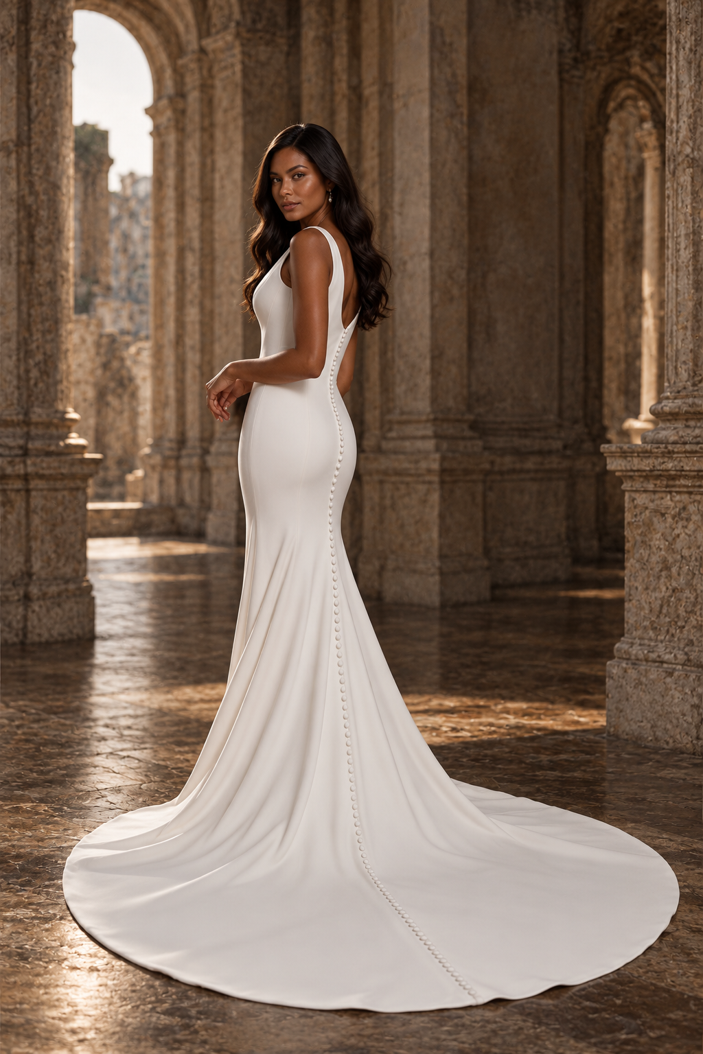 Stylish Fit &amp; Flare wedding dress in crepe with cowl neckline and high V-back