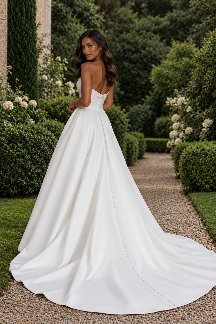 Timeless A-line satin wedding dress with a straight neckline and classic design