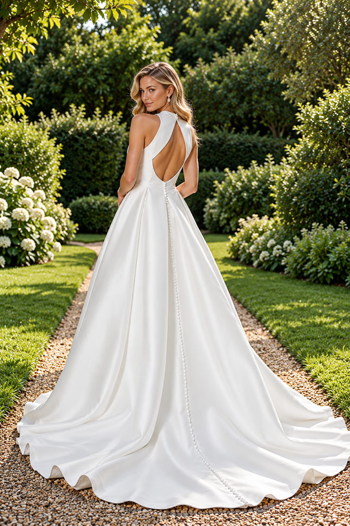 Elegant A-line wedding dress in Mikado with notch collar and keyhole back