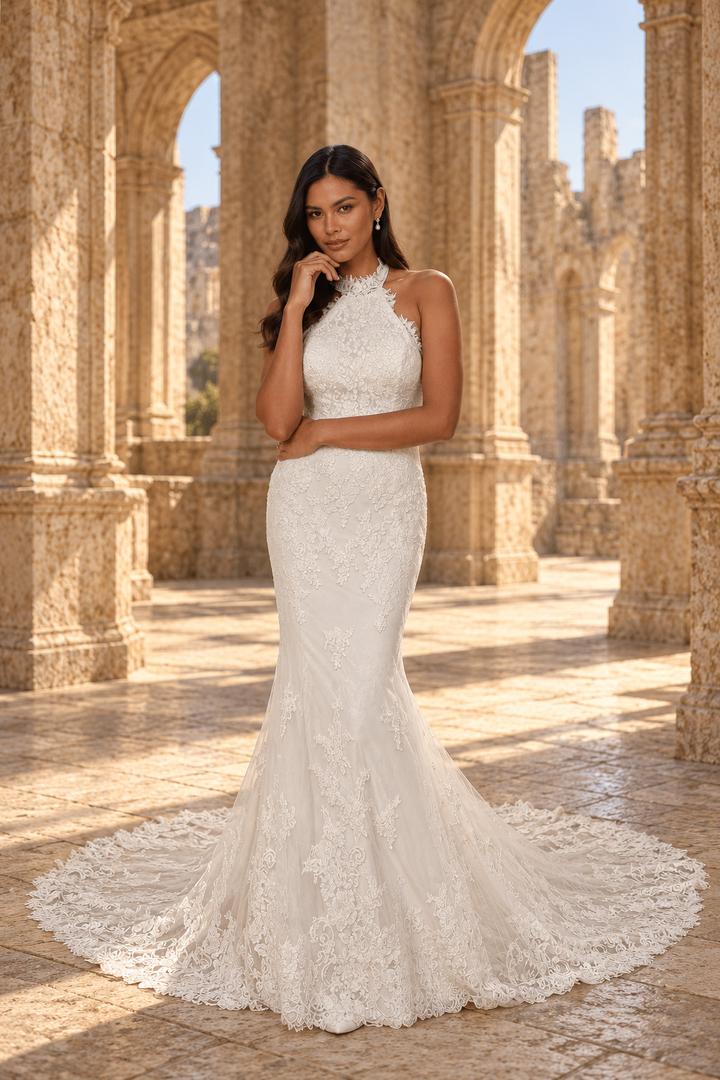 Camilla – Romantisk Fit & Flare brudekjole i blonde med høj hals og transparent ryg