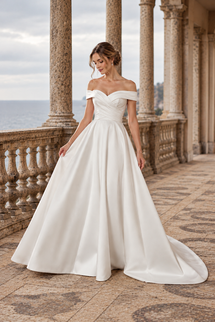 Mathilde – Elegant A-line brudekjole i Mikado med off-shoulder