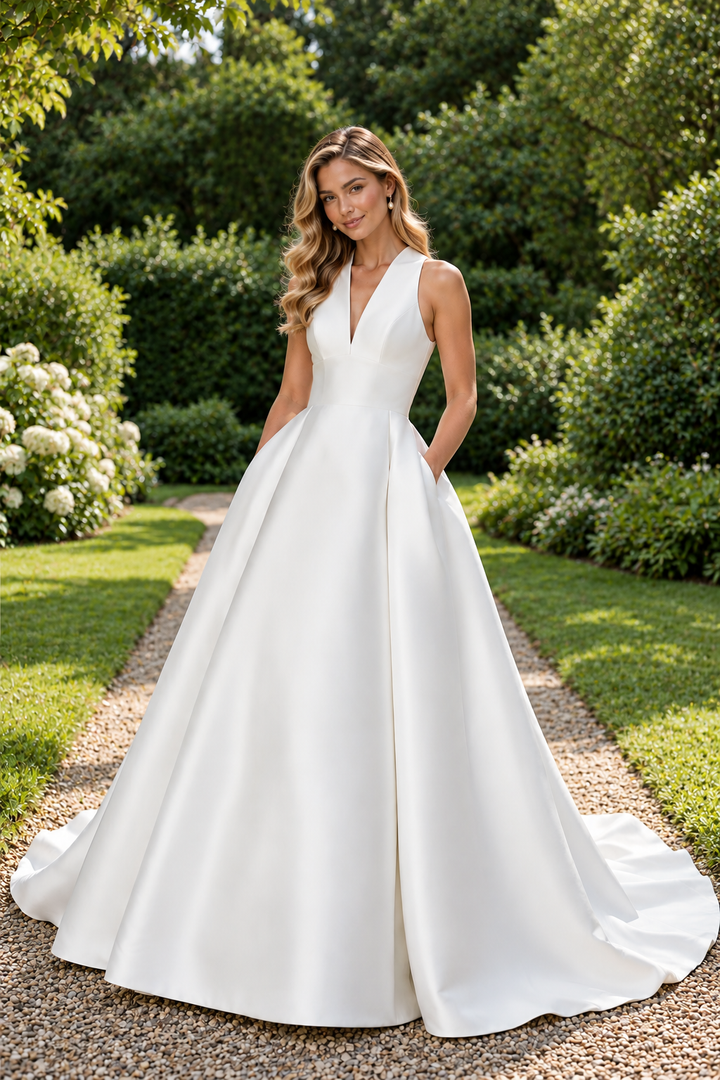 Elegant A-line wedding dress in Mikado with notch collar and keyhole back