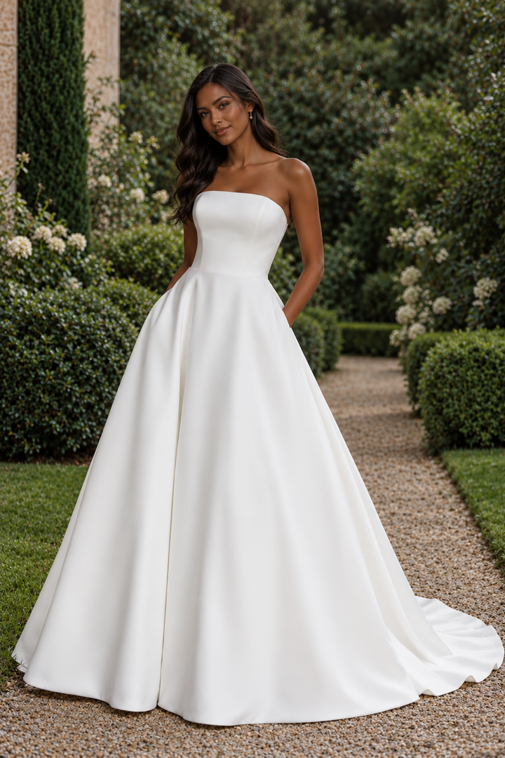 Timeless A-line satin wedding dress with a straight neckline and classic design