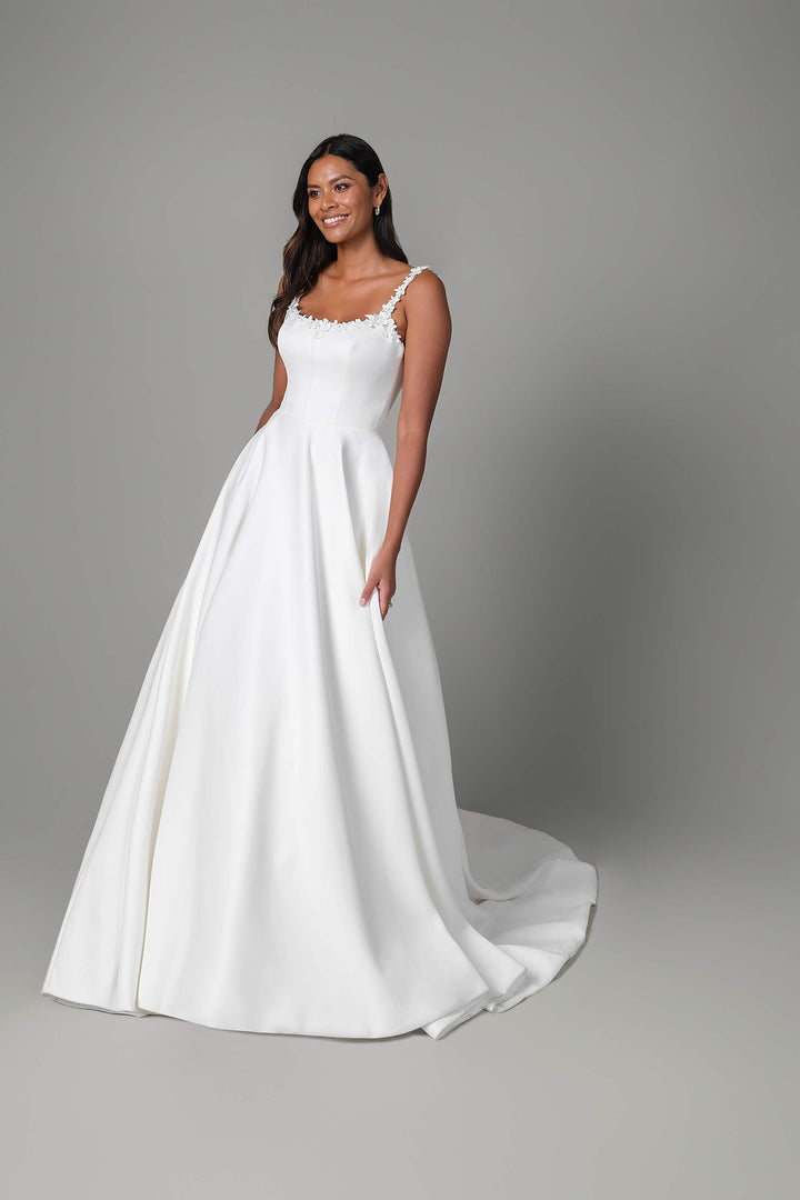 Exclusive Ball Gown wedding dress in satin with basque waist and modified sweetheart neckline