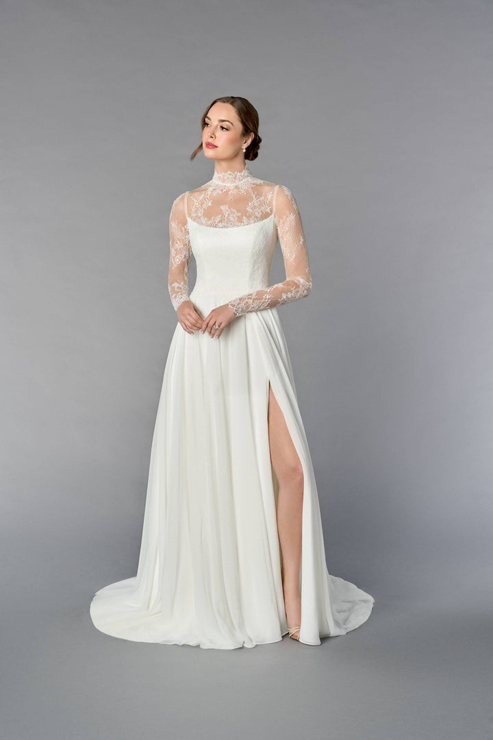 Isolde - brudekjole med blonder, høj hals og chiffon skørt