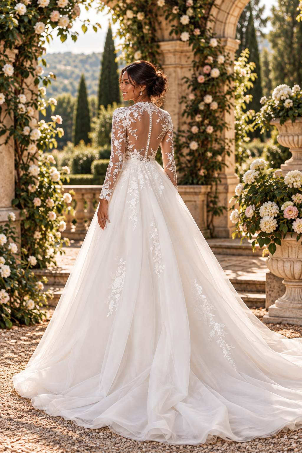 Fairytale ball gown wedding dress in tulle with high neck and illusion back