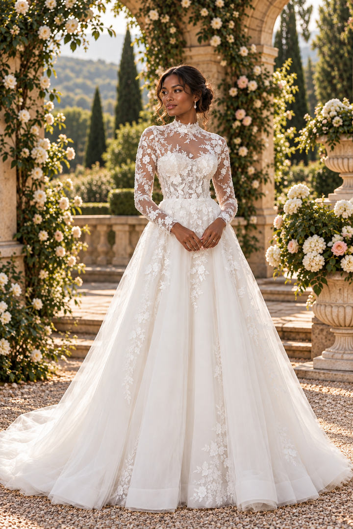 Fairytale ball gown wedding dress in tulle with high neck and illusion back