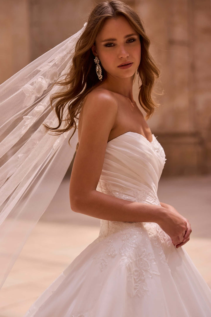 Voluminøs Ball Gown brudekjole med blomsterbroderier og katedralslæb